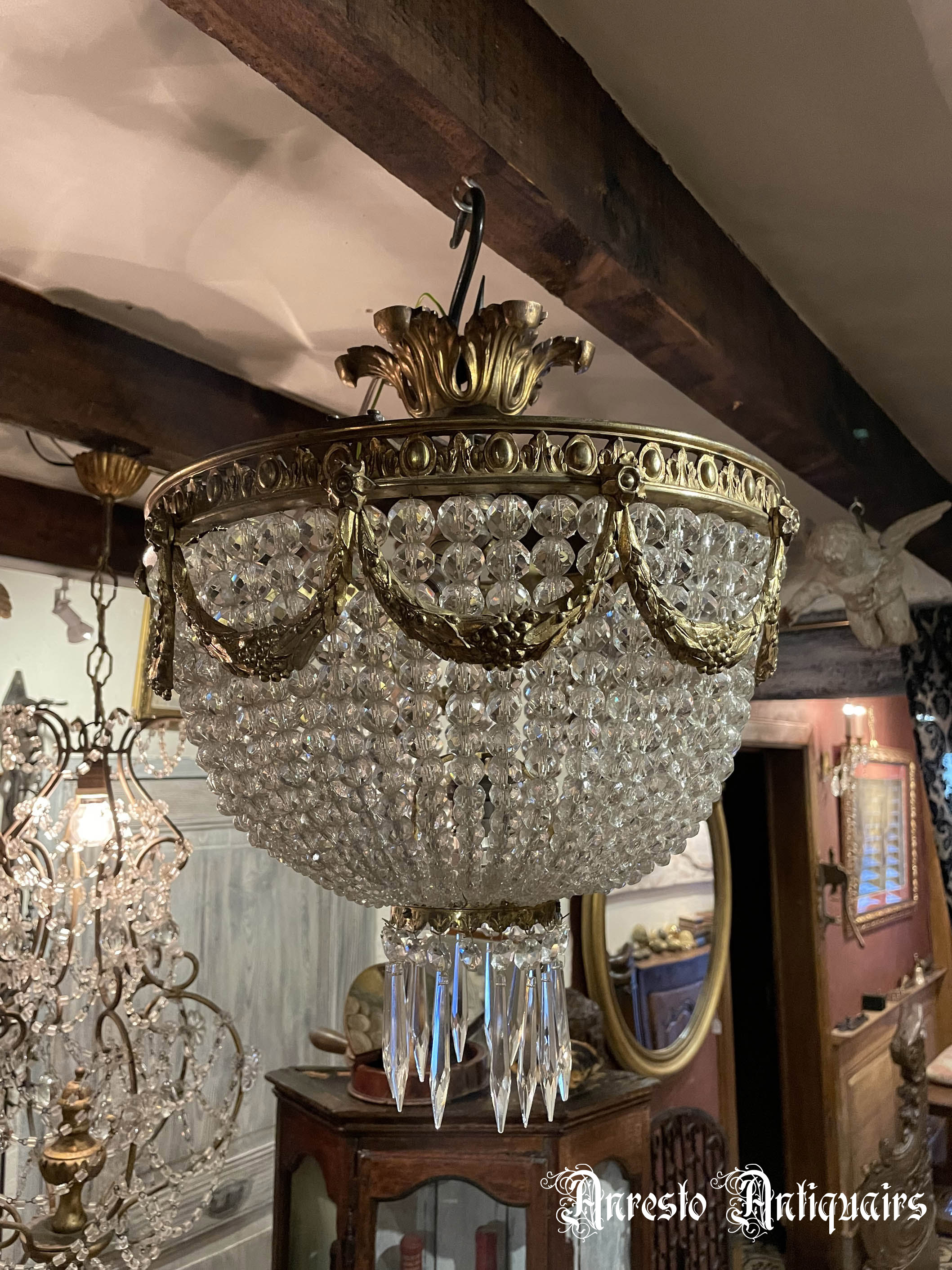 ~ Antieke Franse plafonni�re met geslepen glasparels ~